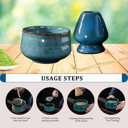 Matcha-Set Japanisch Tee 7-teilig Keramik Bambus Schneebesenhallter