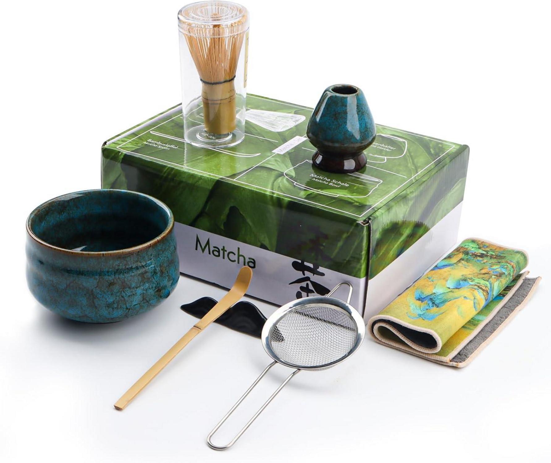 Matcha-Set 7-tlg. Japanisches Tee-Set Keramik 500ml Schale Bambusbesen Löffel Sieb Blau