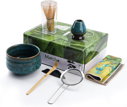Matcha-Set 7-tlg. Japanisches Tee-Set Keramik 500ml Schale Bambusbesen Löffel Sieb Blau