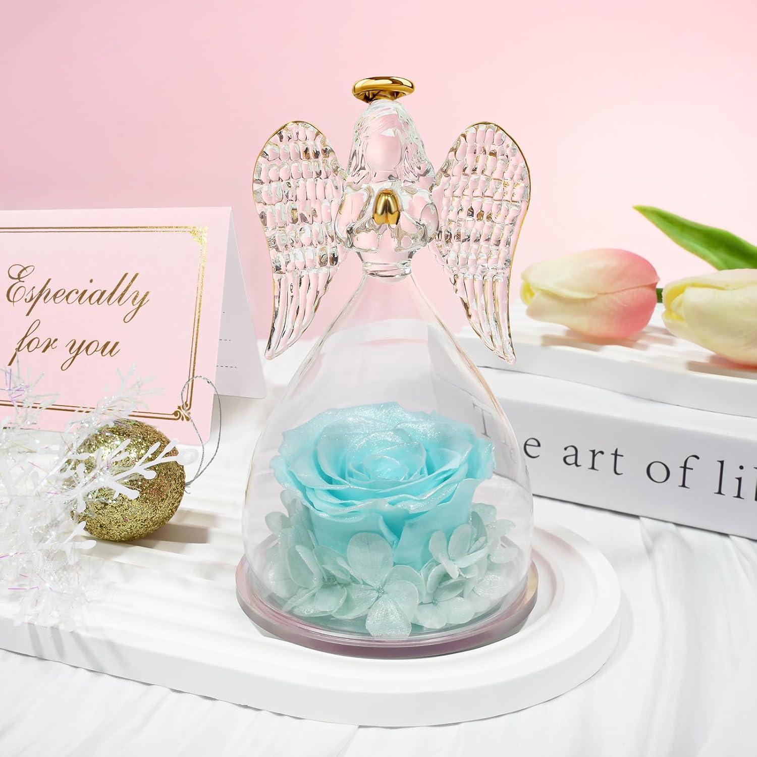 Ewige Rosen Engel Glaskuppel Geschenkbox Blau für Frauen