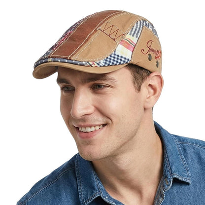 Herren Patchwork Flatcap Vintage Newsboy Cap Beige M-L