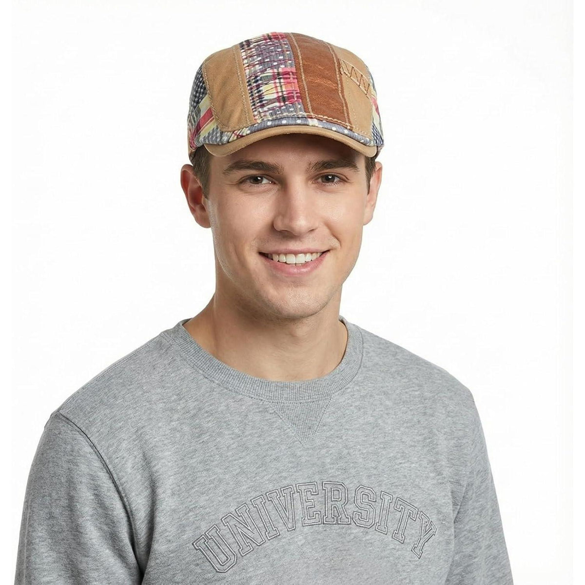 Herren Patchwork Flatcap Vintage Newsboy Cap Beige M-L
