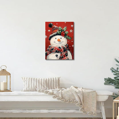Weihnachten Leinwand Bild Schneemann mit Kariert Schal Hut 40x60cm Rahmen Wandbild