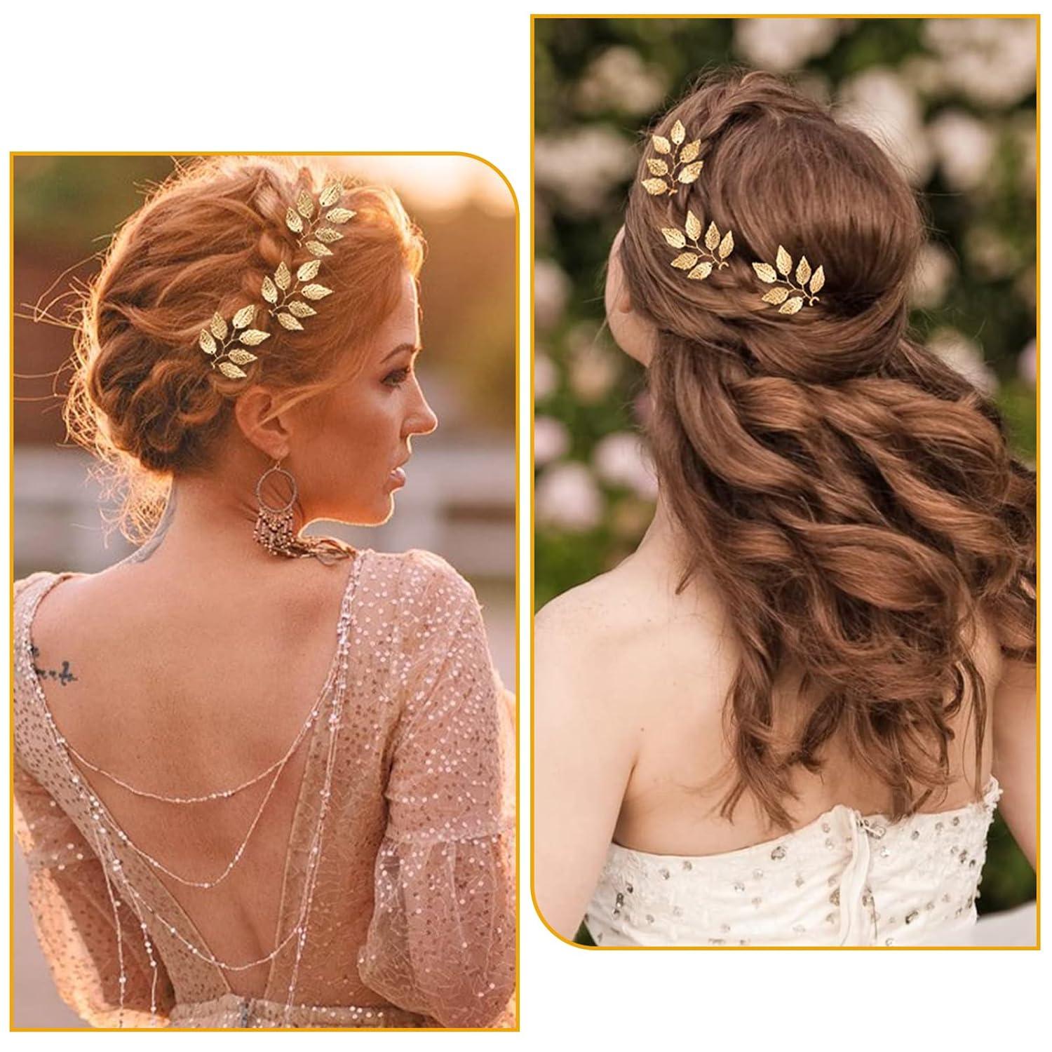 Yeomju Braut Haarnadeln Gold Blätter Kristall Perlen Vintage 4 Stück