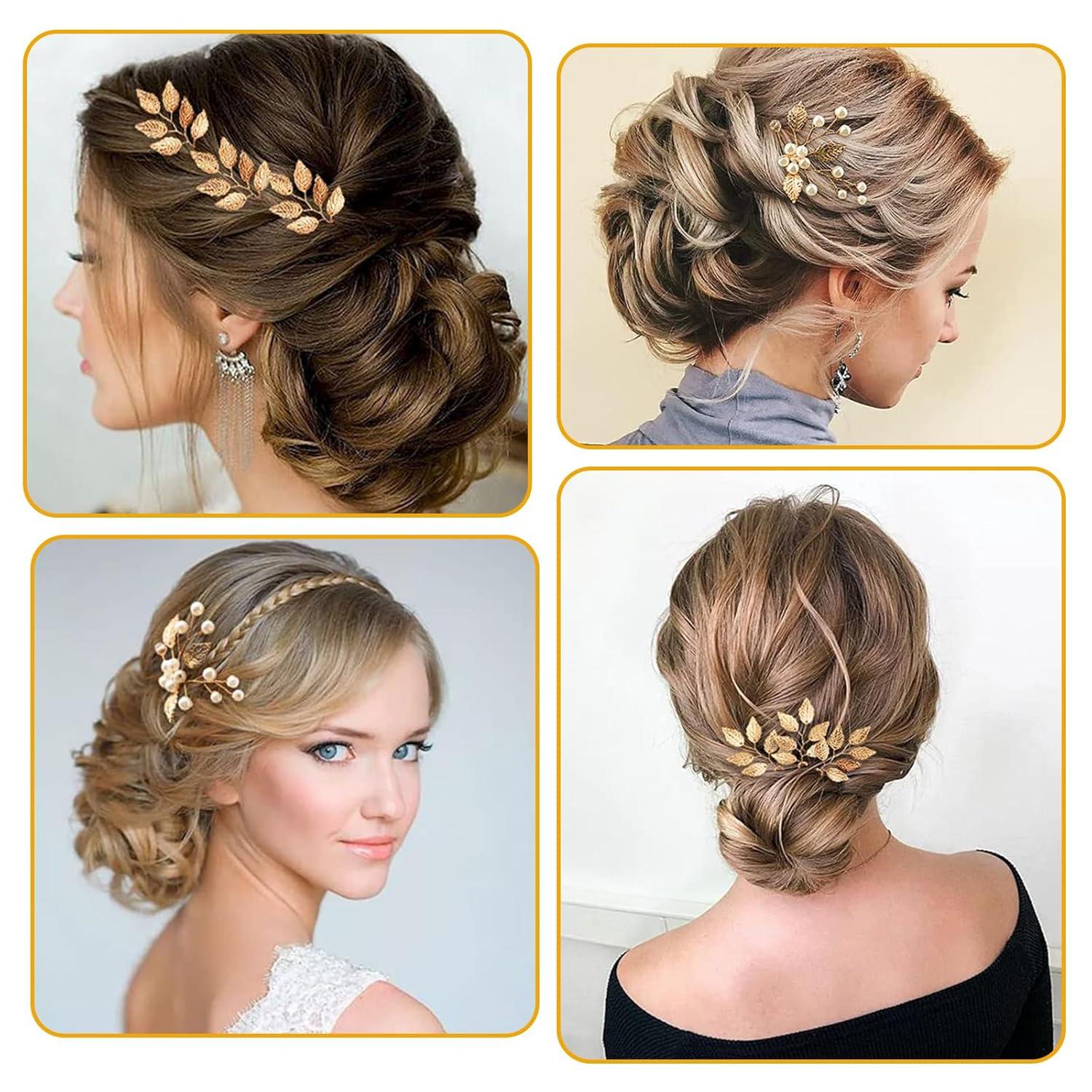 4er Set Braut Haarnadeln Gold Blätter Kristall Perlen Vintage Hochzeit