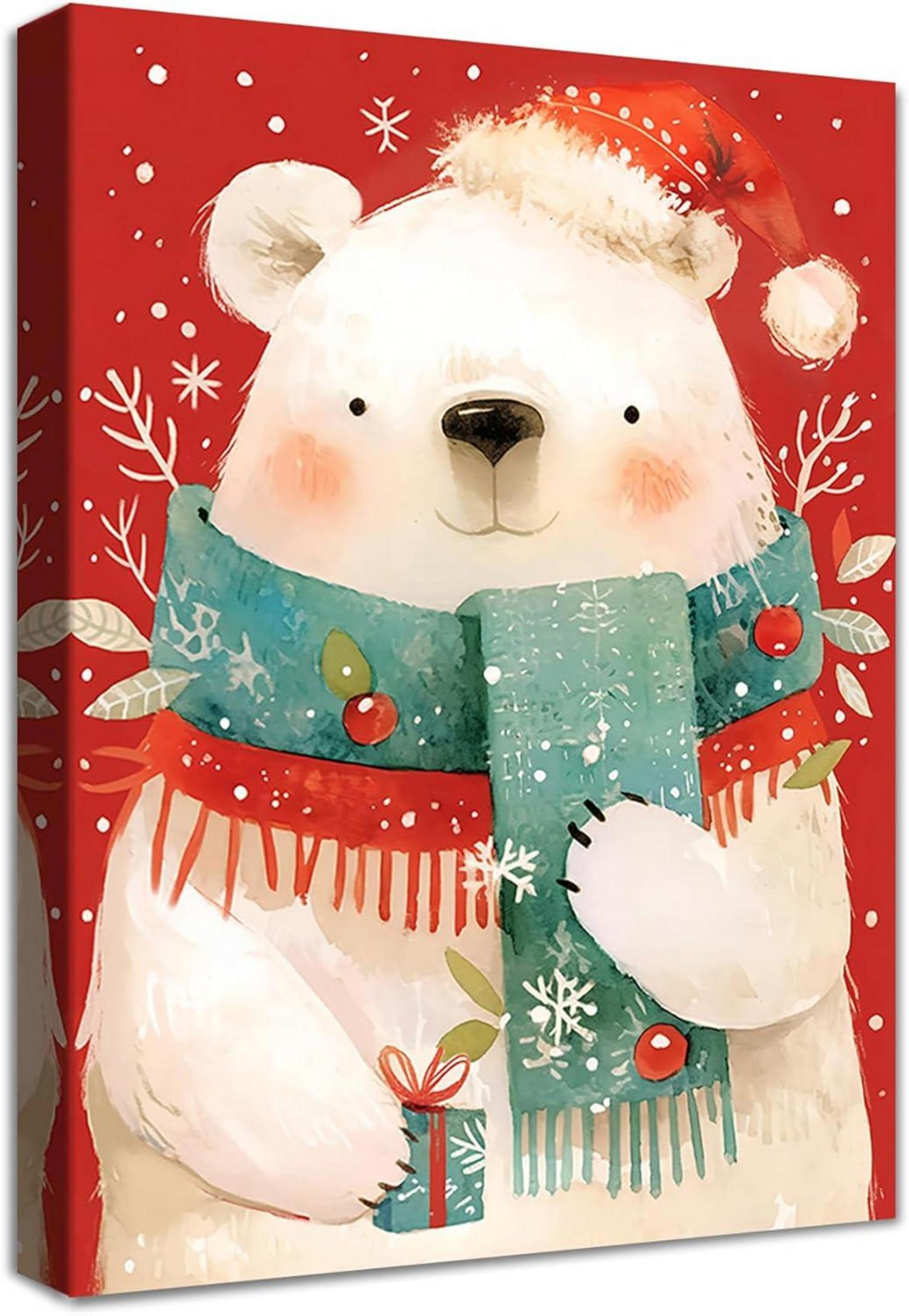 Weihnachten Leinwand Bild Rahmen Eisbär Schal Wandbild Malerei 30x40cm