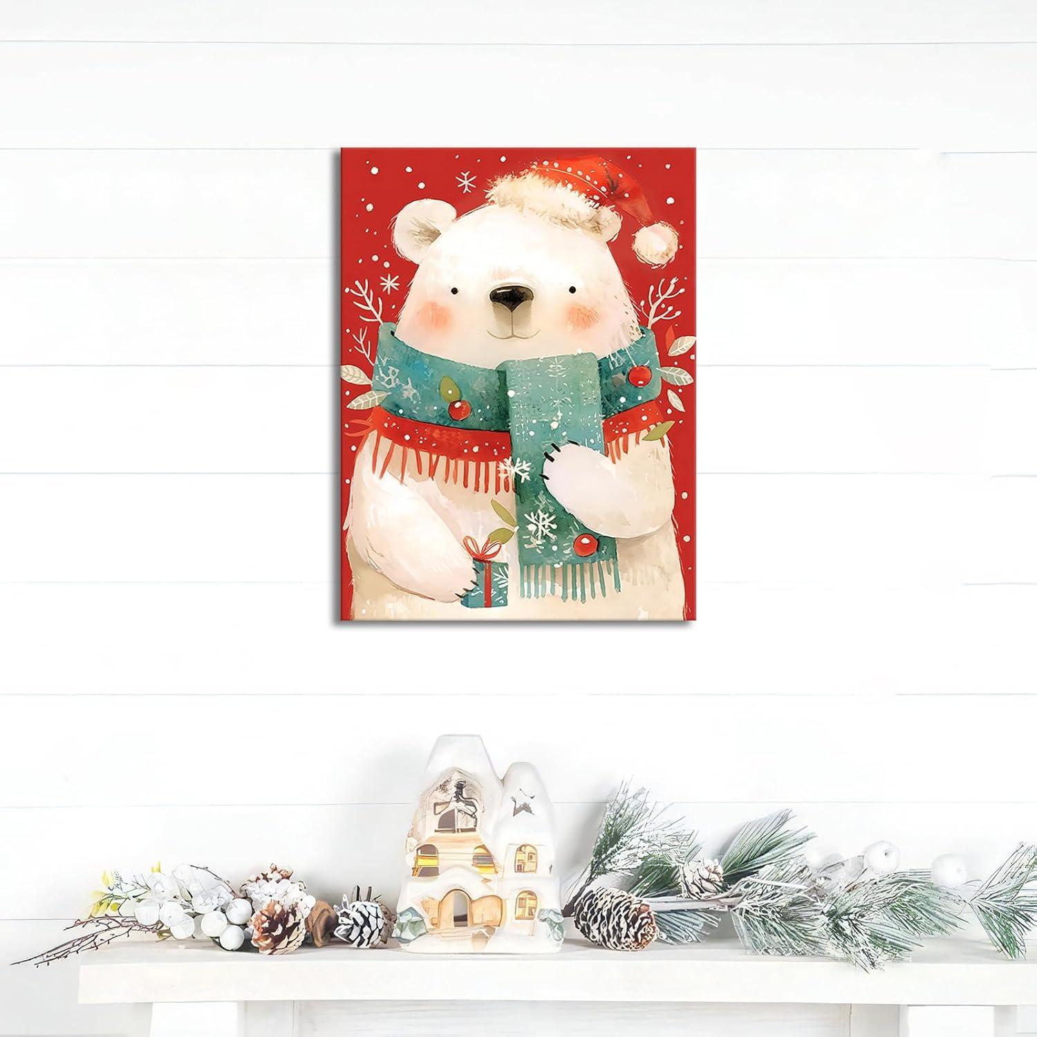 Weihnachten Leinwand Bild Rahmen Eisbär Schal Wandbild Malerei 30x40cm