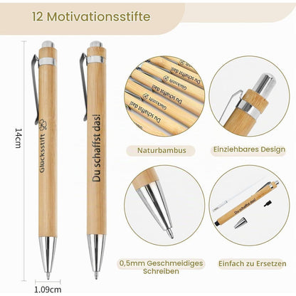 12 Holz Kugelschreiber mit Motivationssprüchen – Geschenkset