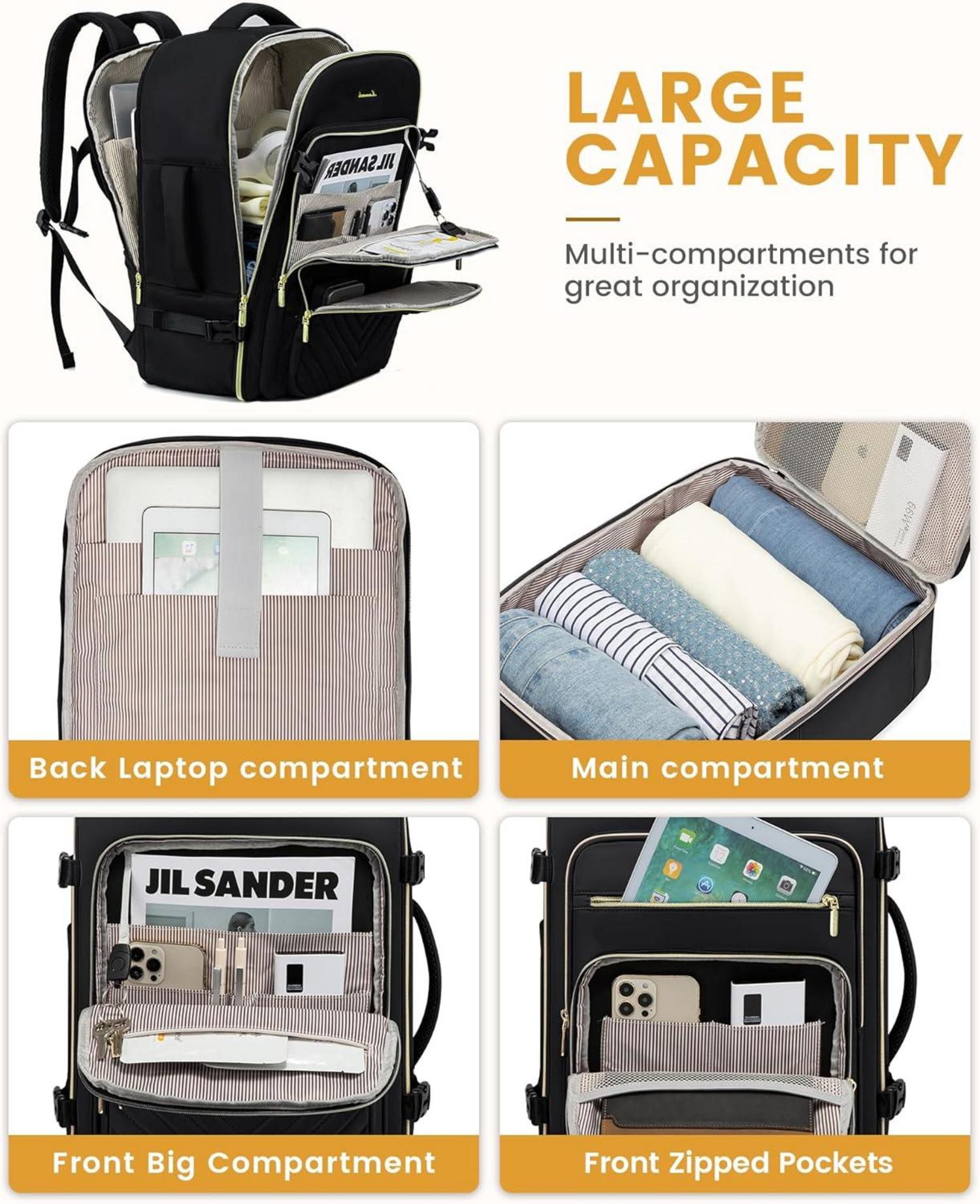 Handgepäck Rucksack 50L Damen Reiserucksack Laptop 18 Zoll Wasserfest Schwarz