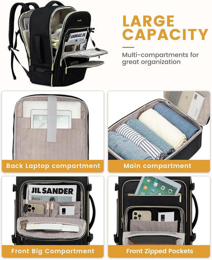 Handgepäck Rucksack 50L Damen Reiserucksack Laptop 18 Zoll Wasserfest Schwarz