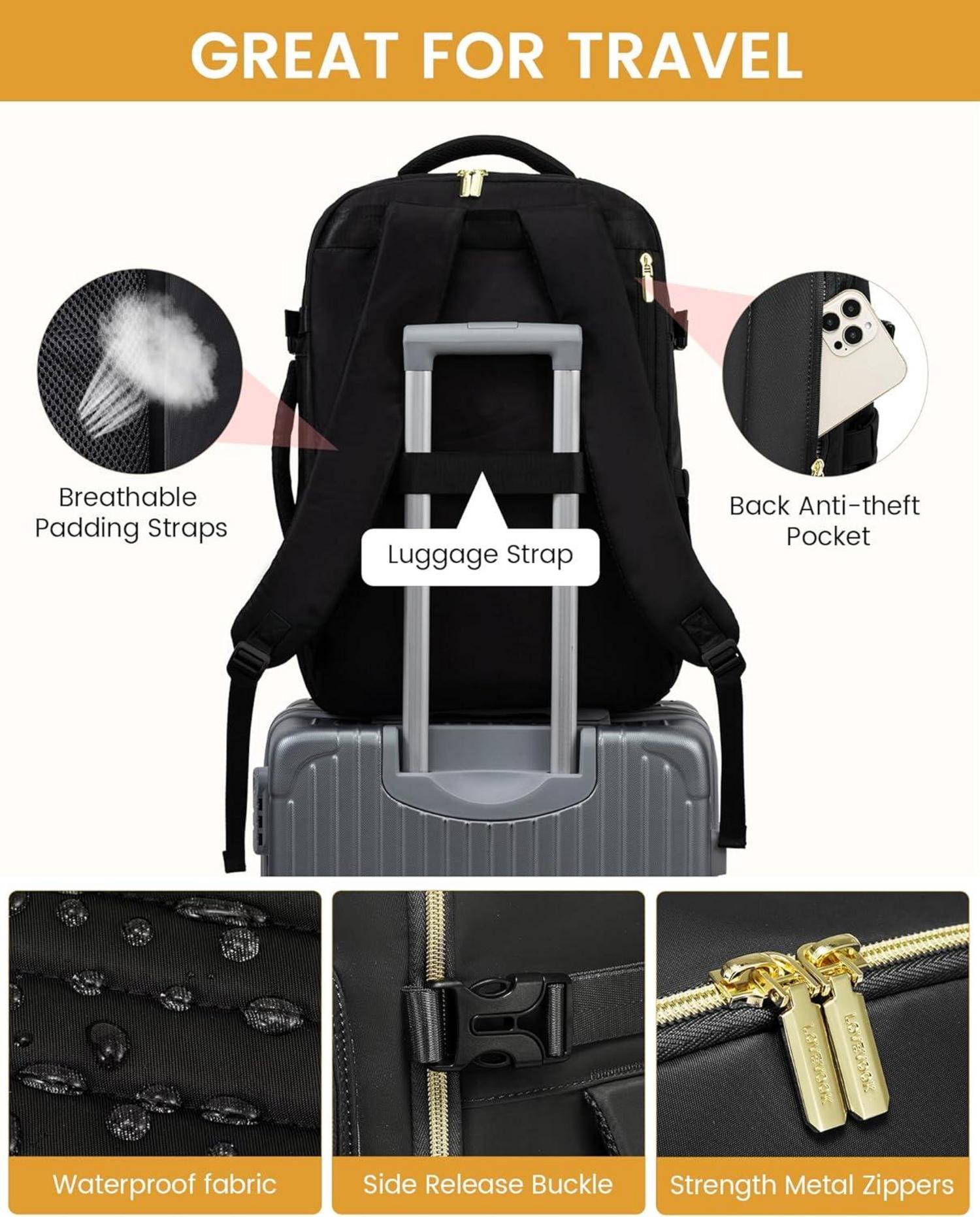 Handgepäck Rucksack 50L Damen Reiserucksack Laptop 18 Zoll Wasserfest Schwarz