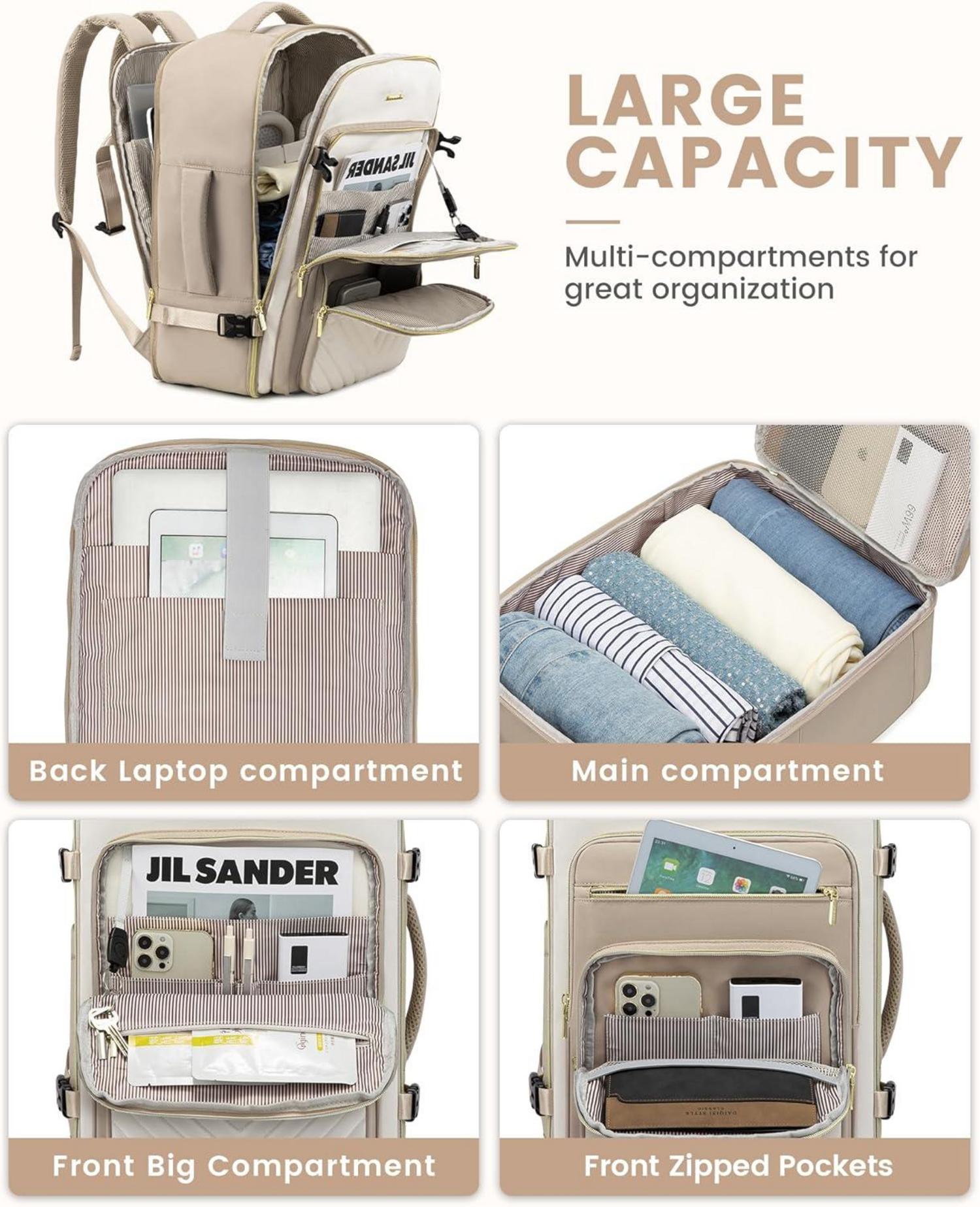 Handgepäck Rucksack Damen 50L Wasserdicht Laptop 18 Zoll Beige Khaki