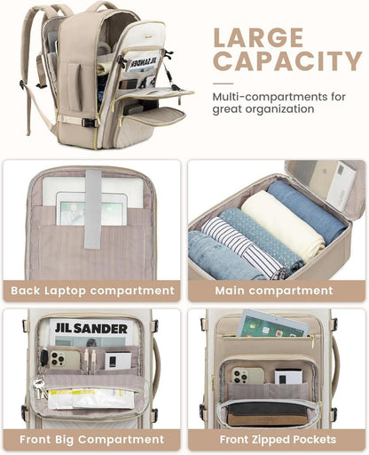 Handgepäck Rucksack Damen 50L Wasserdicht Laptop 18 Zoll Beige Khaki