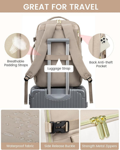 Handgepäck Rucksack Damen 50L Wasserdicht Laptop 18 Zoll Beige Khaki