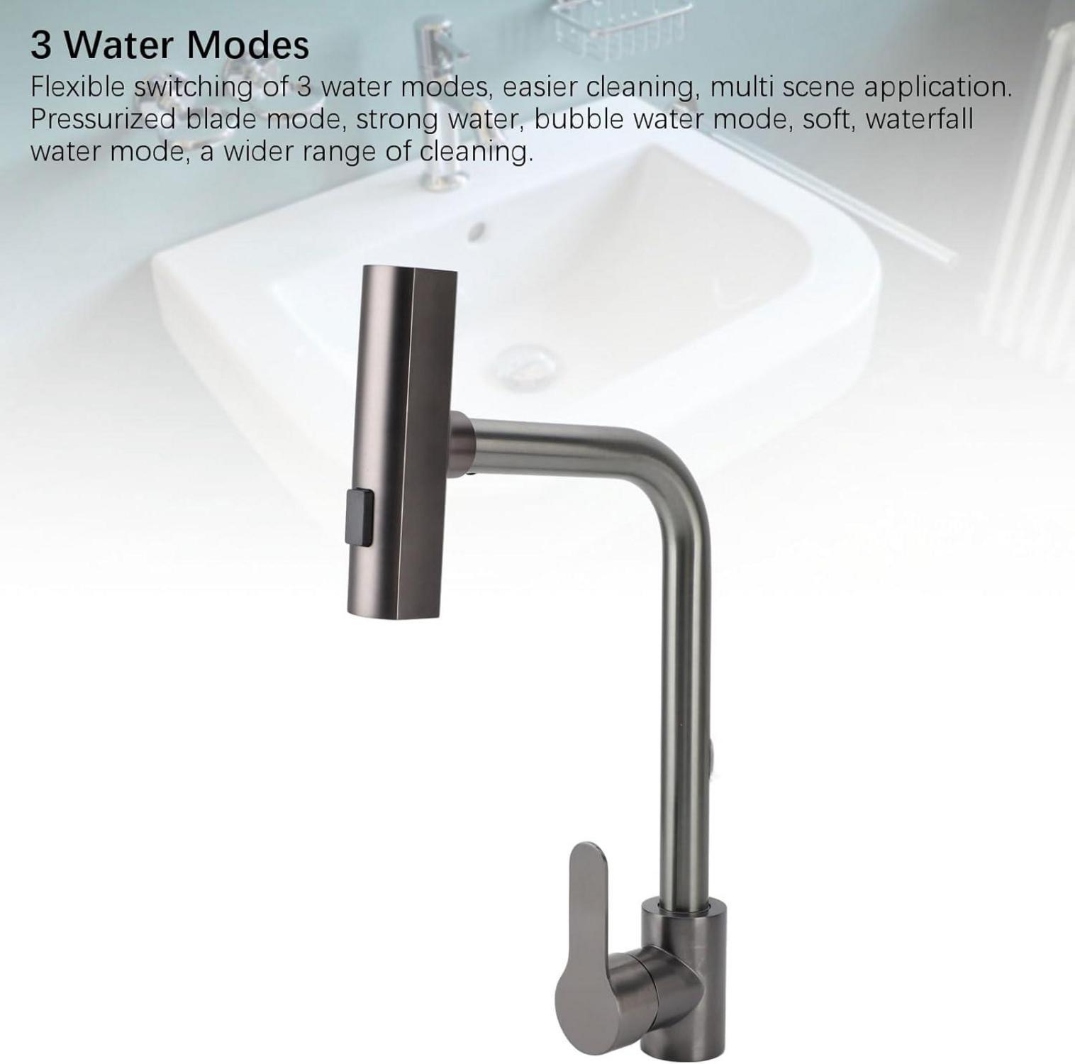 Küchenarmatur Wasserhahn Wasserfall 3 Wassermodi Einhand 360° Drehbar Silber