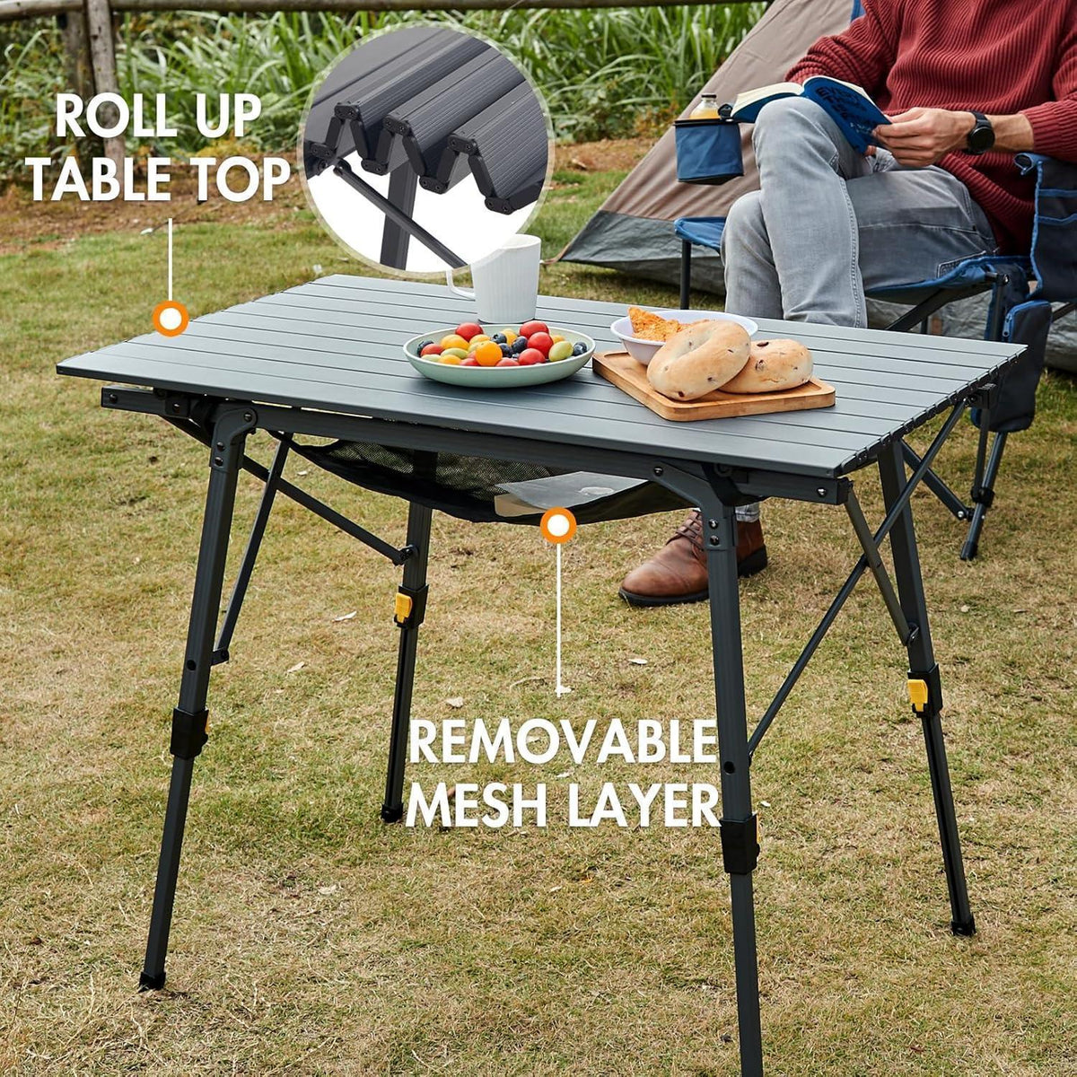 Faltbarer Campingtisch Aluminium höhenverstellbar 90x53cm Grau