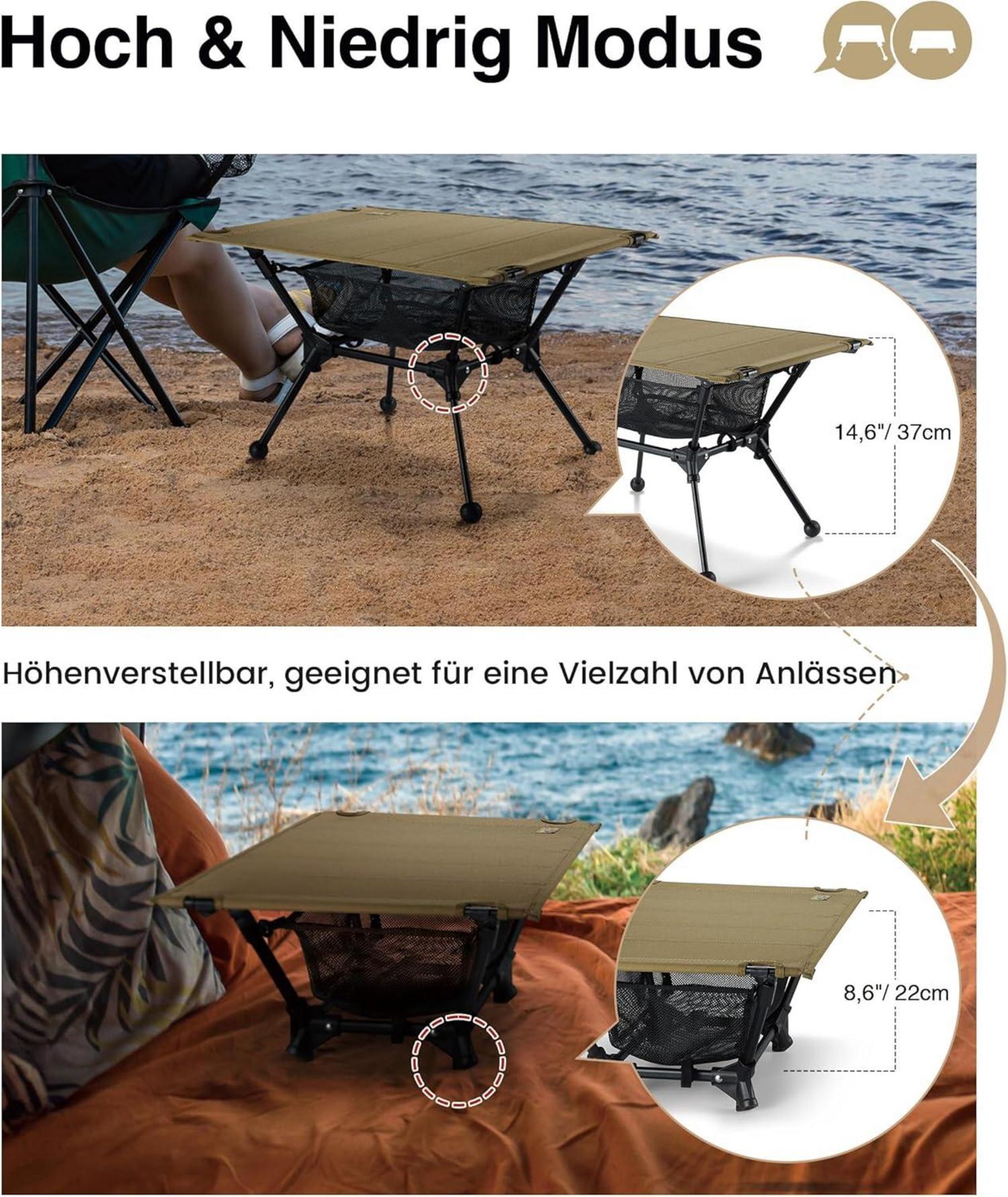 Klappbarer Campingtisch mit Tragetasche und Netztasche, 60 x 40 x 37 cm