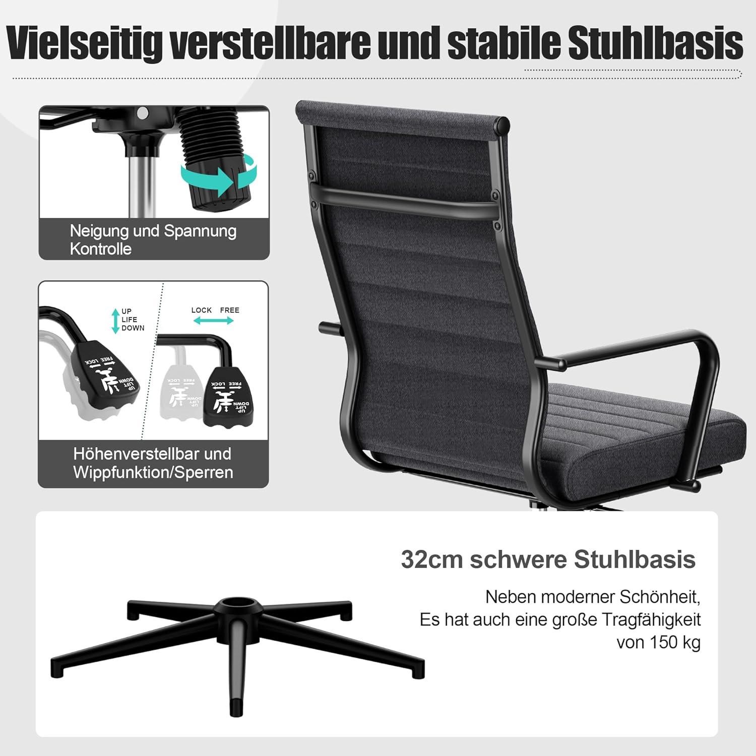 Ergonomischer Bürostuhl mit Wippfunktion bis 150 kg, Armlehne, höhenverstellbar