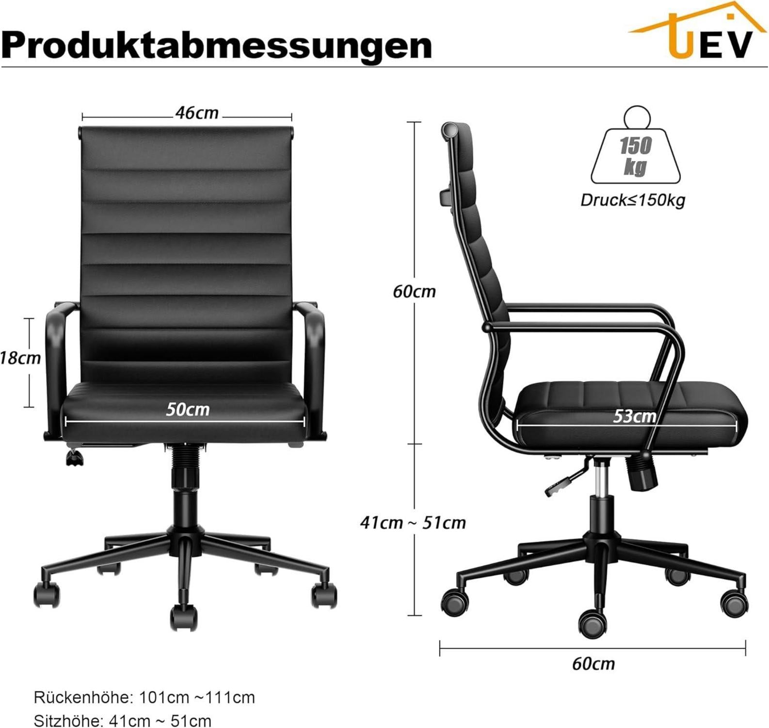 Bürostuhl Ergonomisch mit Wippfunktion bis 150 kg PU Leder Schwarz