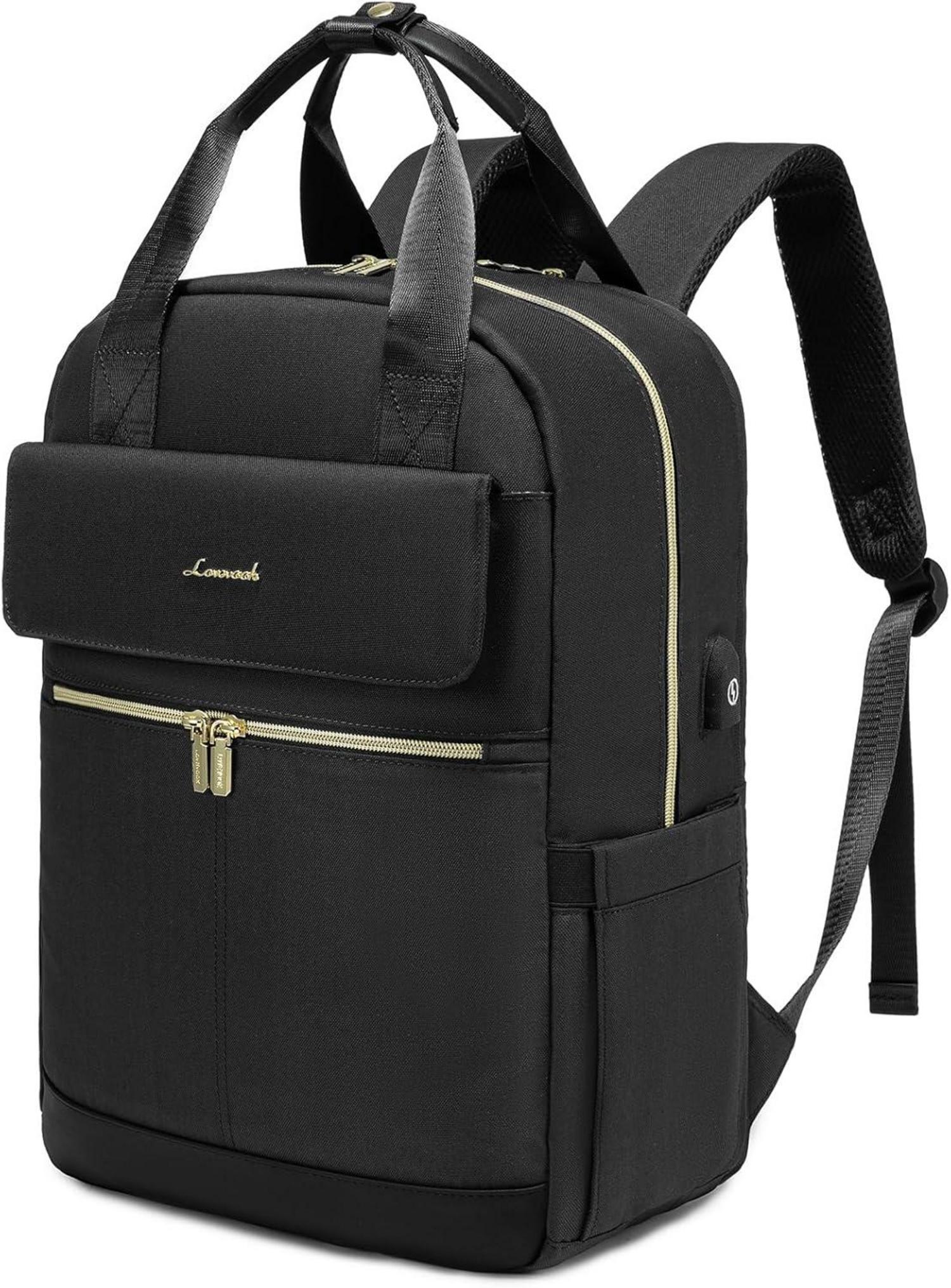 Schwarzer Damen Laptop Rucksack 15,6 Zoll wasserfest mit USB Port und