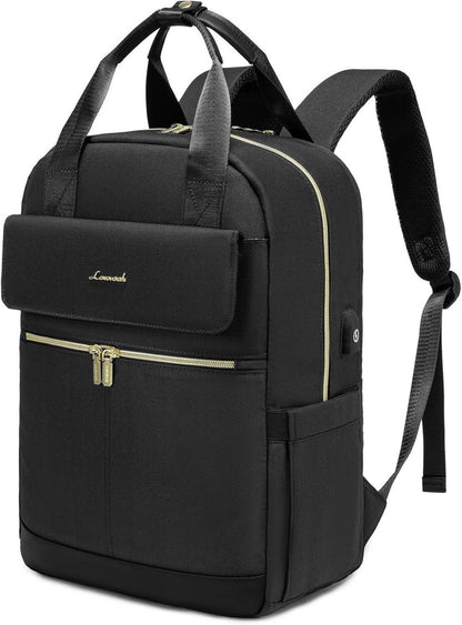 Schwarzer Damen Laptop Rucksack 15,6 Zoll wasserfest mit USB Port und