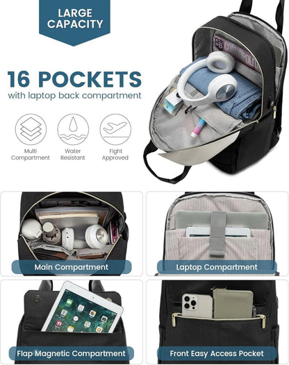 Schwarzer Damen Laptop Rucksack 15,6 Zoll wasserfest mit USB Port und