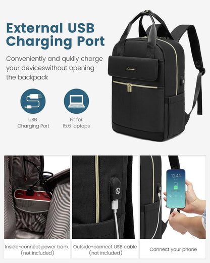 Laptop Rucksack Damen 15,6 Zoll Wasserdicht Schwarz