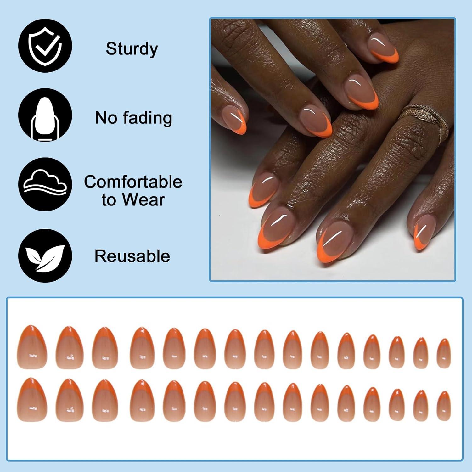 24 Stück Mandel Nägel Orange Französisch Press on Nails mit