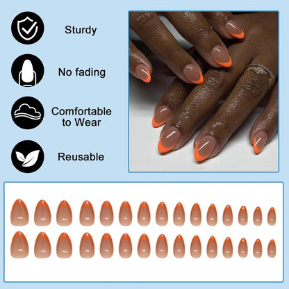 24 Stück Mandel Nägel Orange Französisch Press on Nails mit