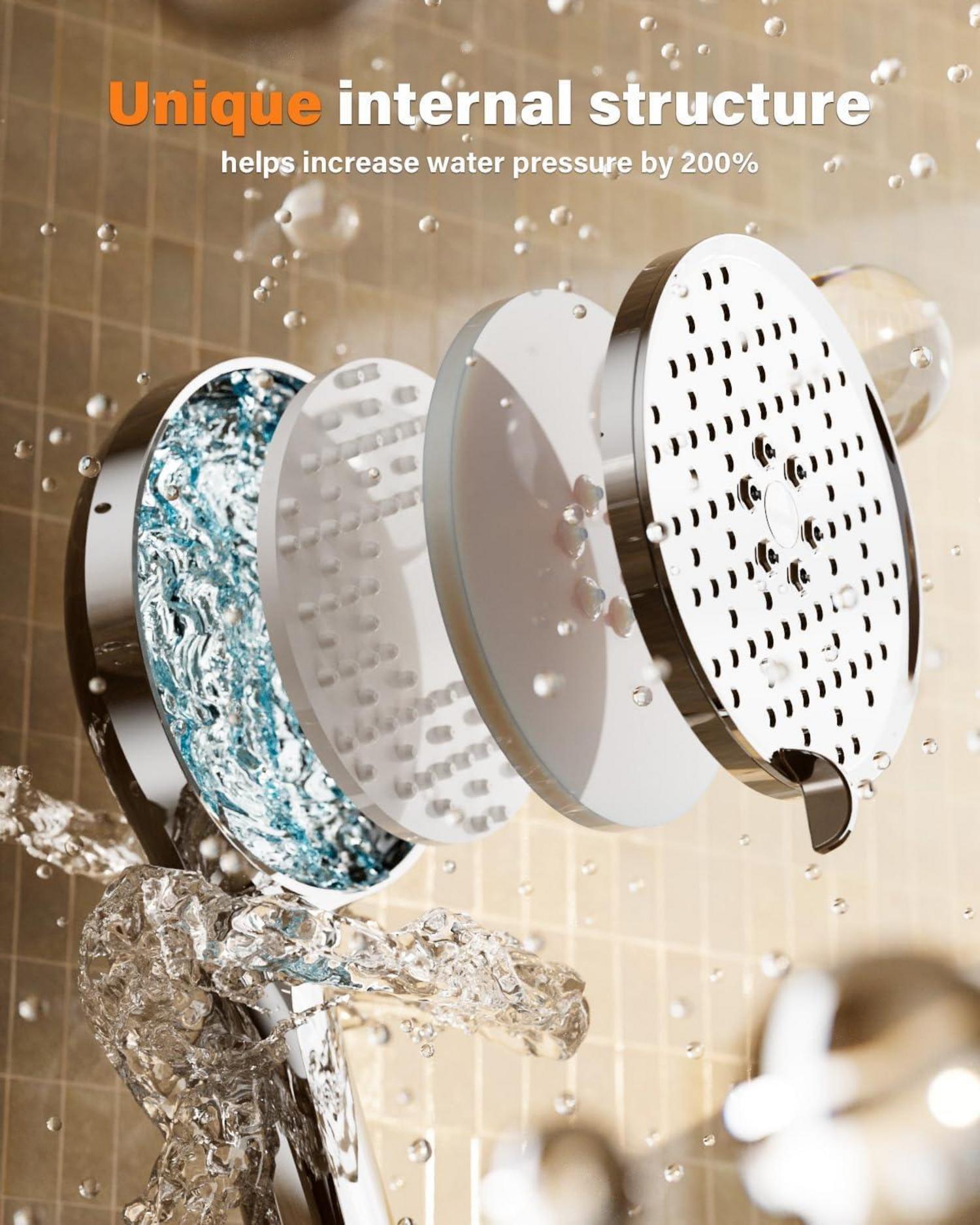 Wassersparender Hochdruck Duschkopf mit 3 Strahlarten, Groß, Antikalk, Chrom