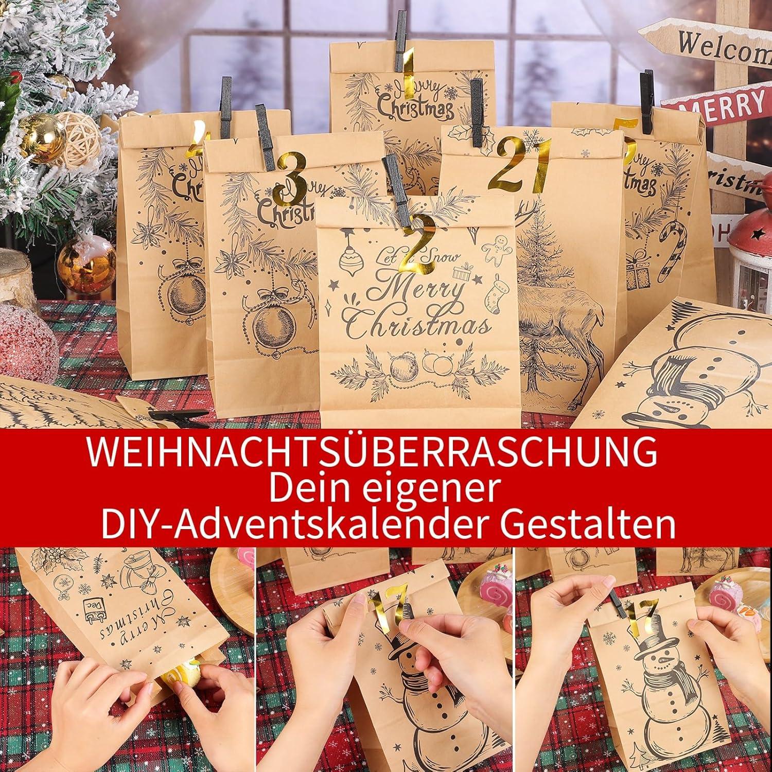 Adventskalender zum Befüllen 2024 DIY Braun Papiertüten Zahlenaufkleber