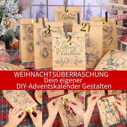 Adventskalender zum Befüllen 2024 DIY Braun Papiertüten Zahlenaufkleber
