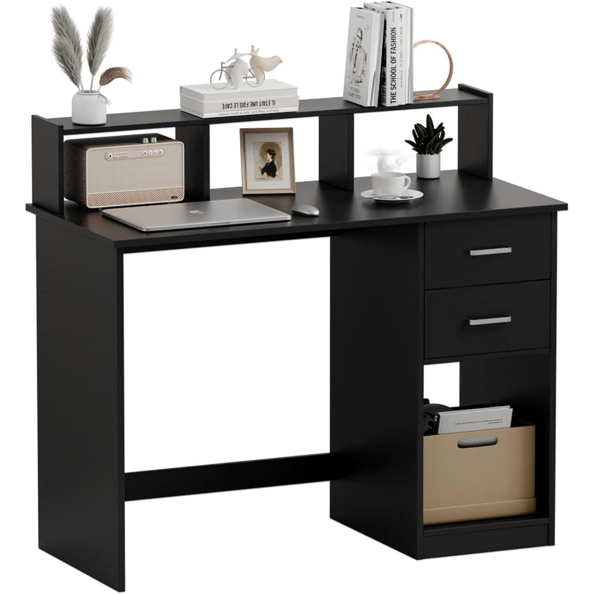 Schreibtisch mit Schubladen und Regal, Schwarz, 105cm