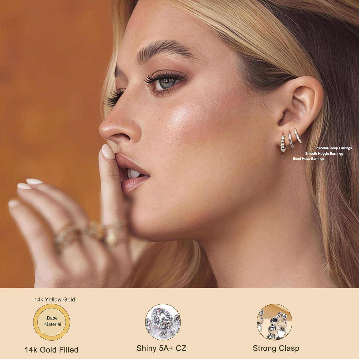3 Paar creolen Ohrringe Silber 925 Damen 14K Gold vergoldet Hypoallergene Sleeper Knorpel