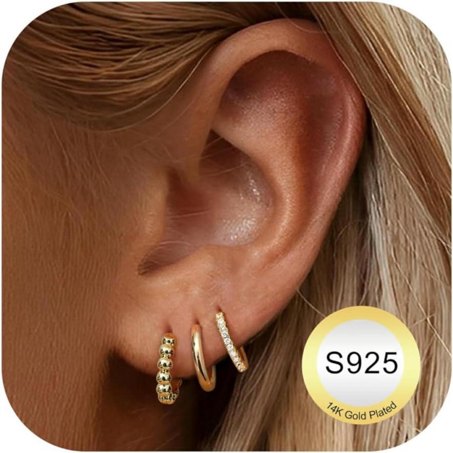 Goldene Silber 925 Creolen Set 3 Paar Hypoallergene Ohrringe