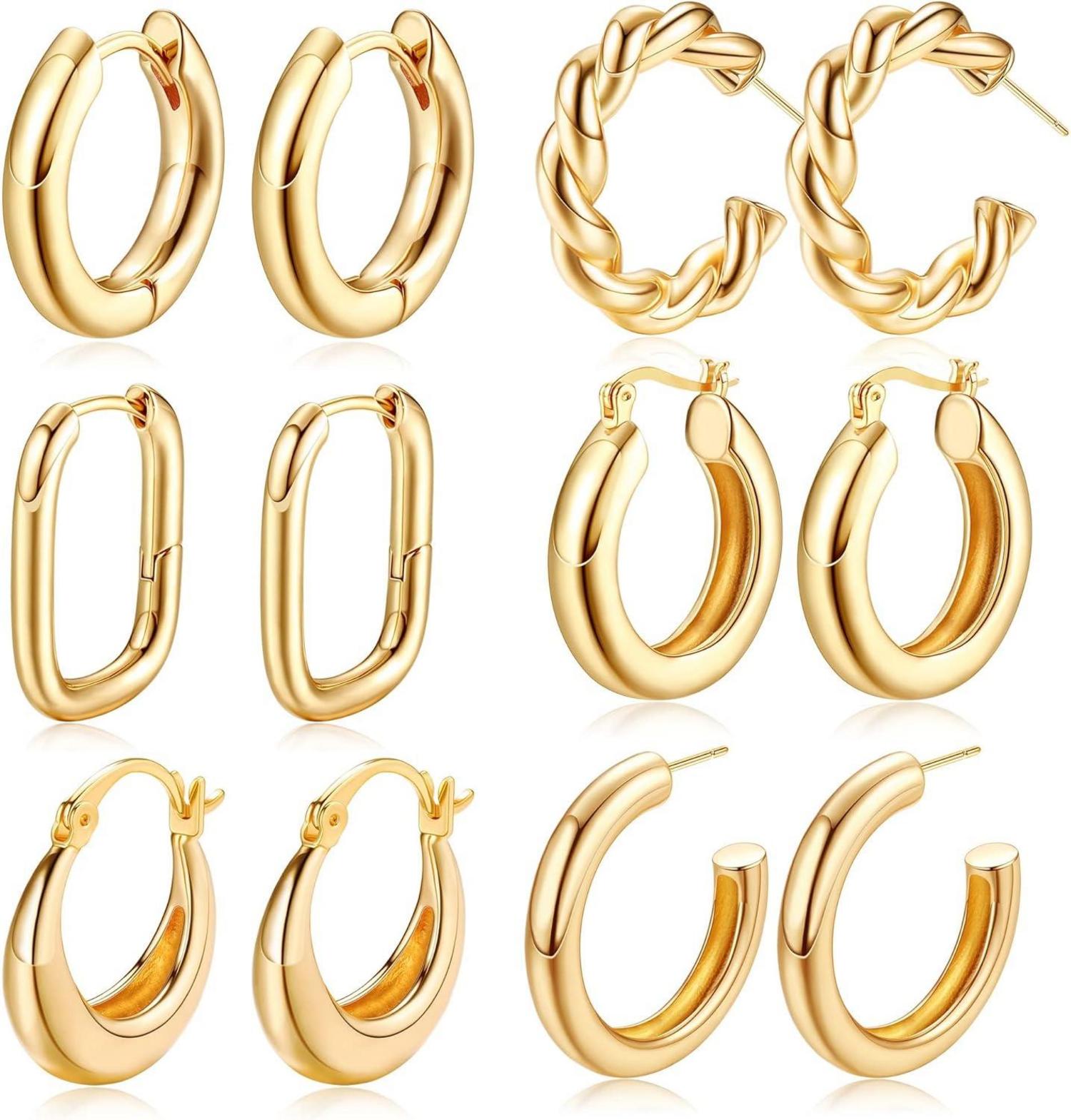 Goldene Creolen Set Damen Ohrringe 14K Vergoldet Hypoallergenic Chunky