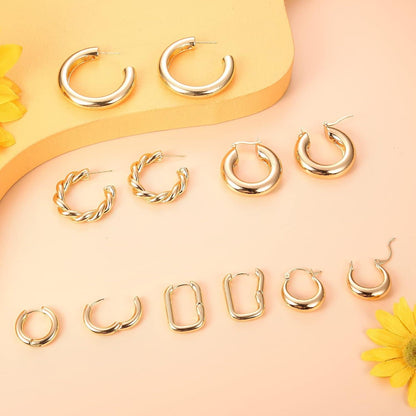 6 Paar Damen Ohrringe Gold Creolen Set 14K Vergoldet Hypoallergenic Chunky Schmuck