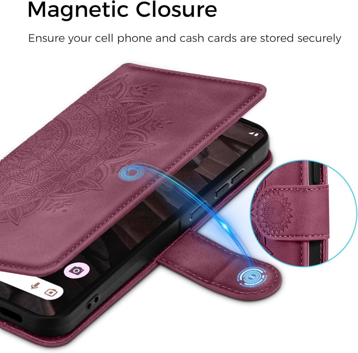 Lederhülle für Google Pixel 7A Flip Wallet Weinrot