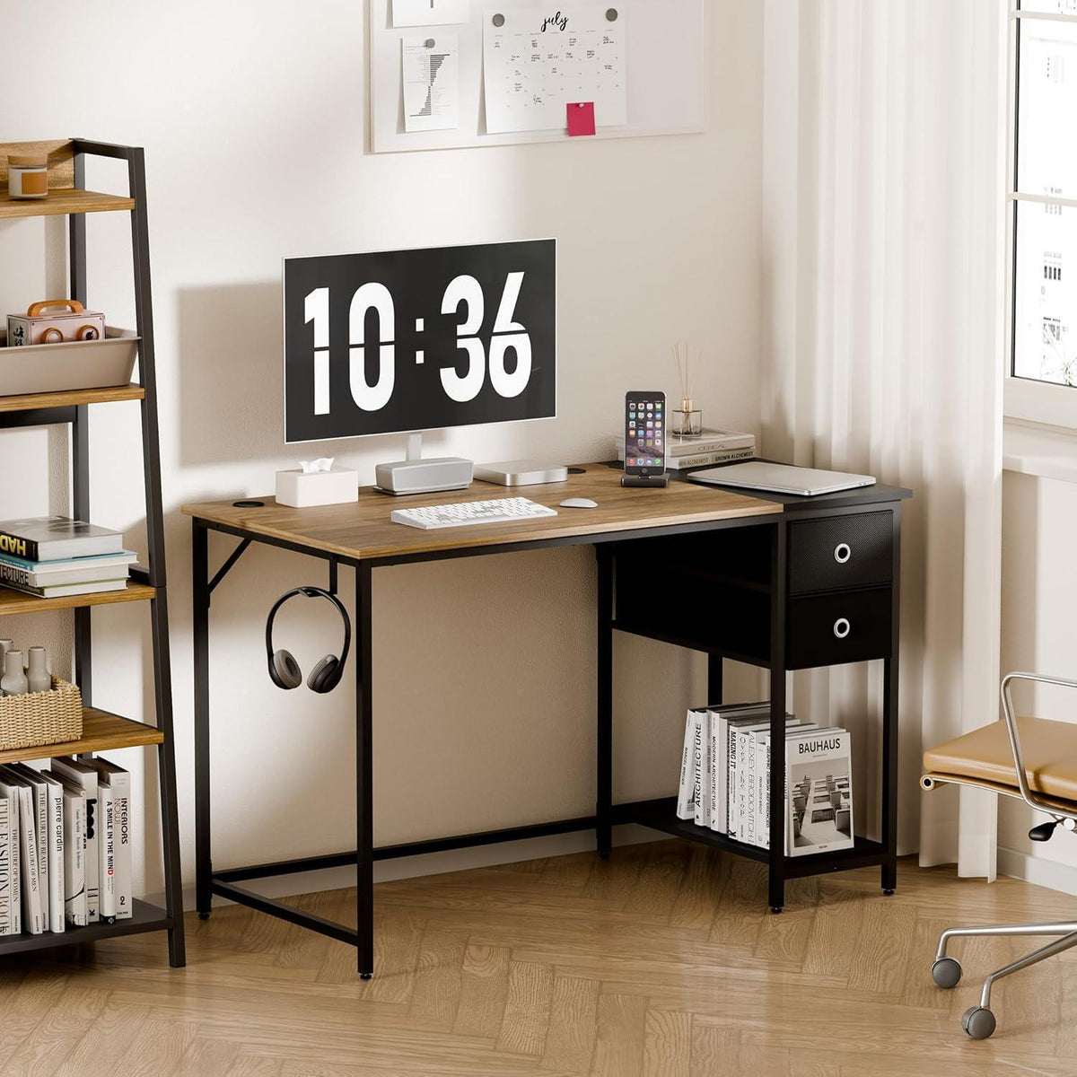 Schreibtisch mit Schubladen & Kopfhörerhalter, Vintage Braun/Schwarz, 120x60cm