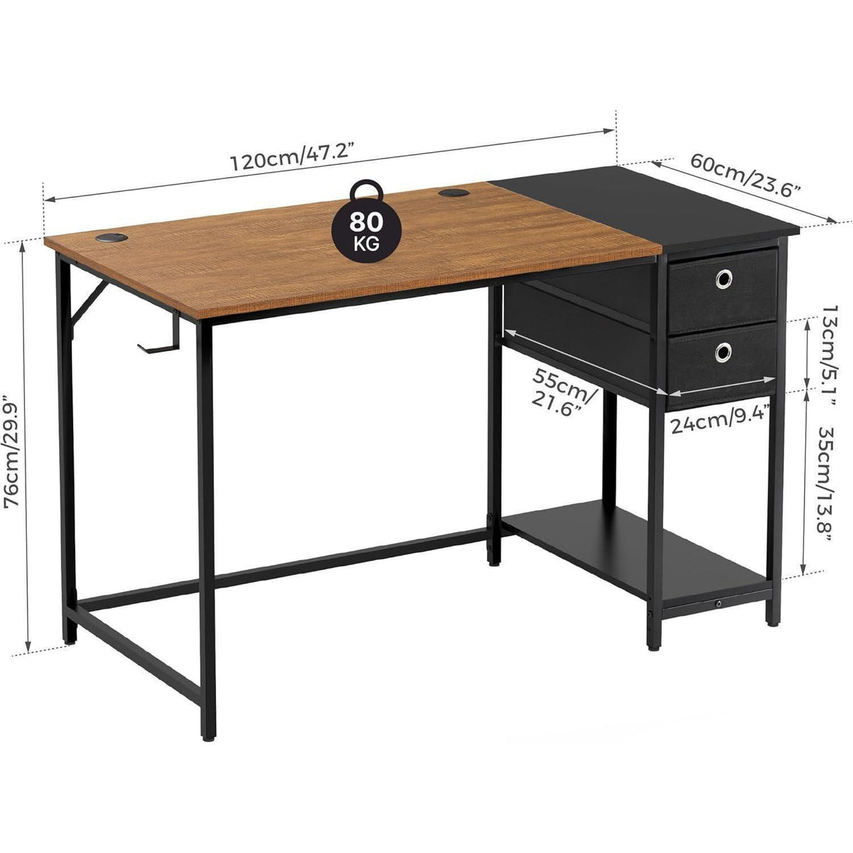 Schreibtisch mit Schubladen & Kopfhörerhalter, Vintage Braun/Schwarz, 120x60cm