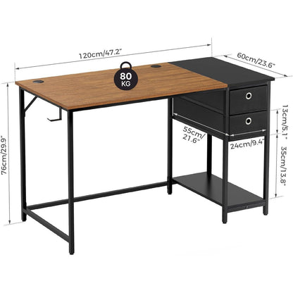 Schreibtisch mit Schubladen & Kopfhörerhalter, Vintage Braun/Schwarz, 120x60cm