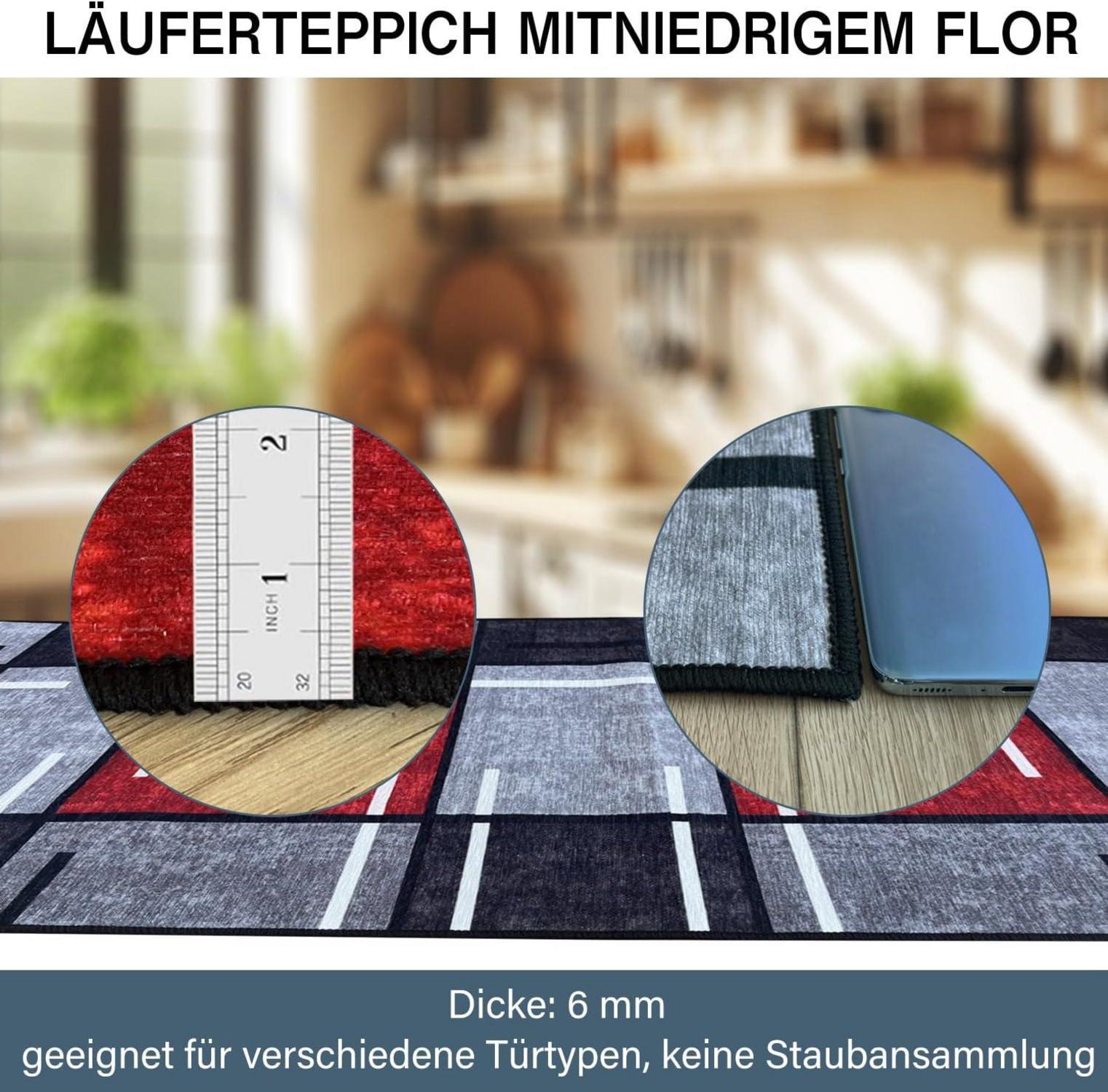 WTHYGB Teppich Läufer 60x180 cm Flur rutschfest Waschbar Modern Rot Kariert
