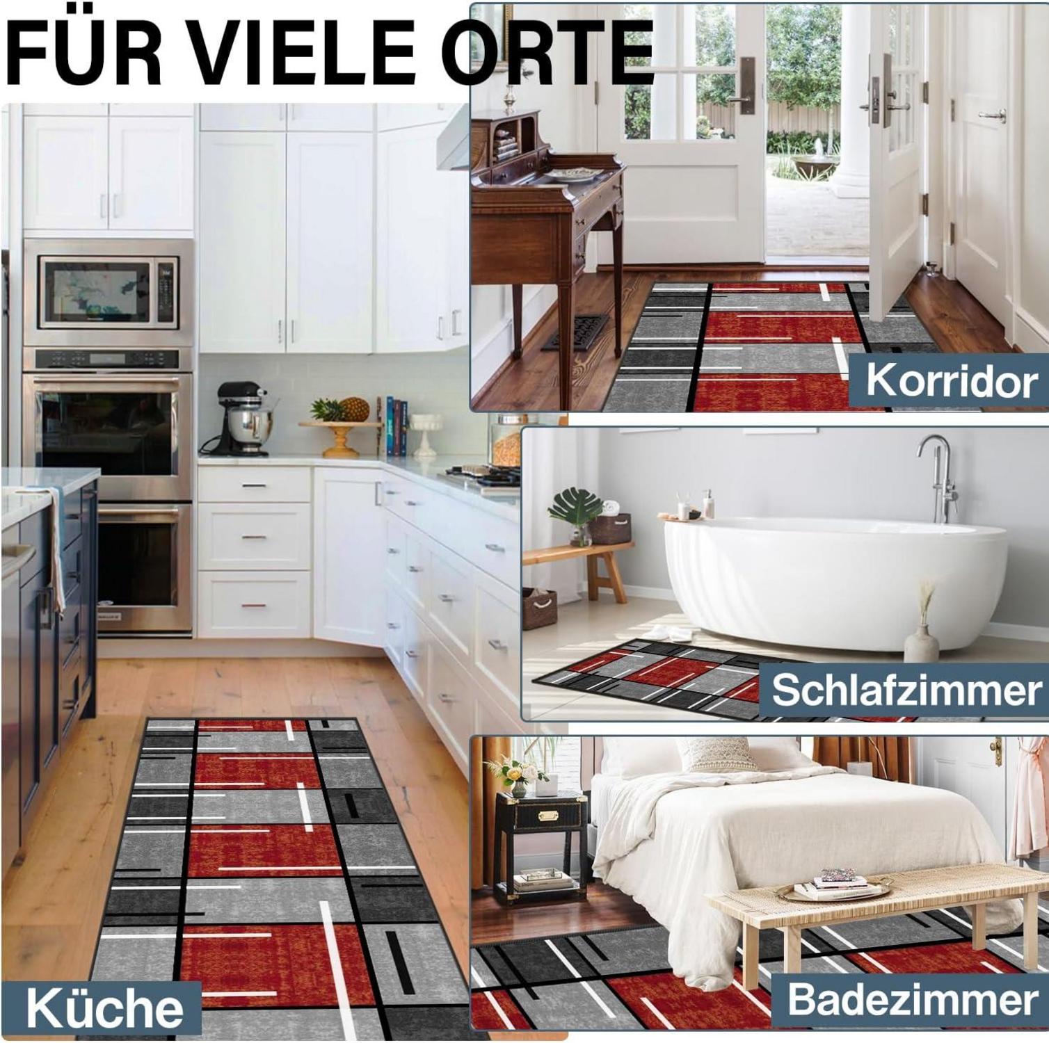 Teppich Läufer Flur rutschfest 60x180cm Modern Waschbar Rot Kariert