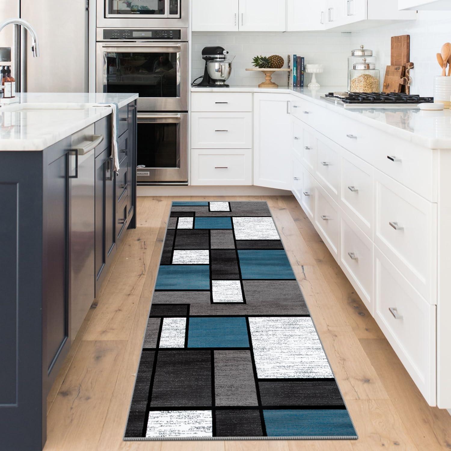 Teppich Läufer Flur rutschfest Modern Küche Waschbar Blau Kariert