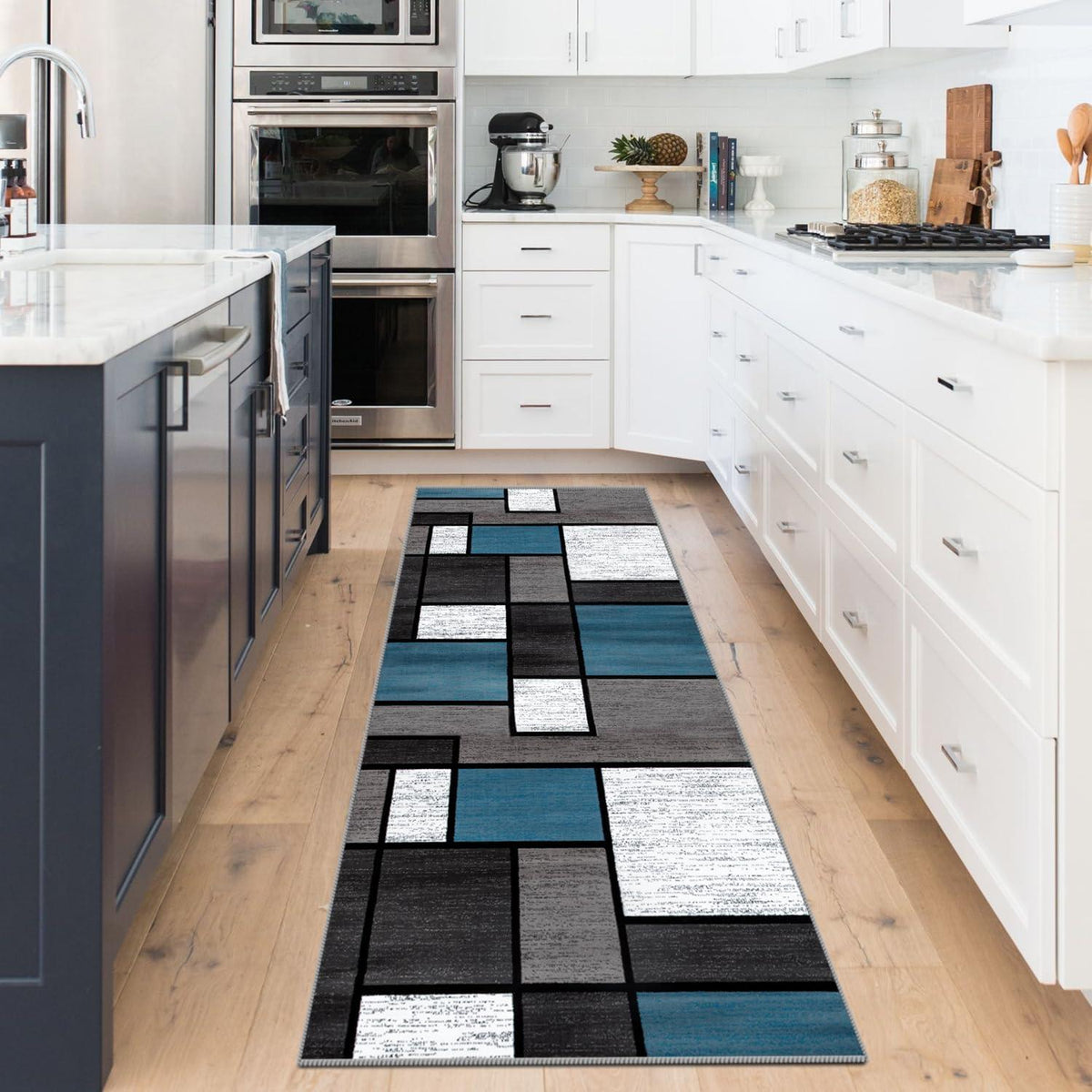 Teppich Läufer Flur rutschfest Modern Küche Waschbar Blau Kariert
