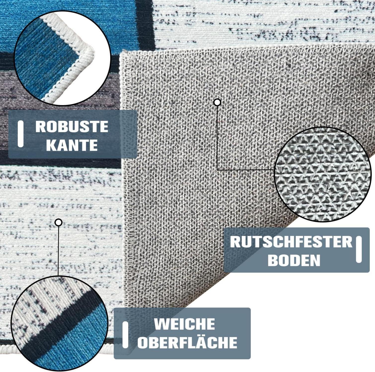 Teppich Läufer Flur rutschfest Modern Küche Waschbar Blau Kariert