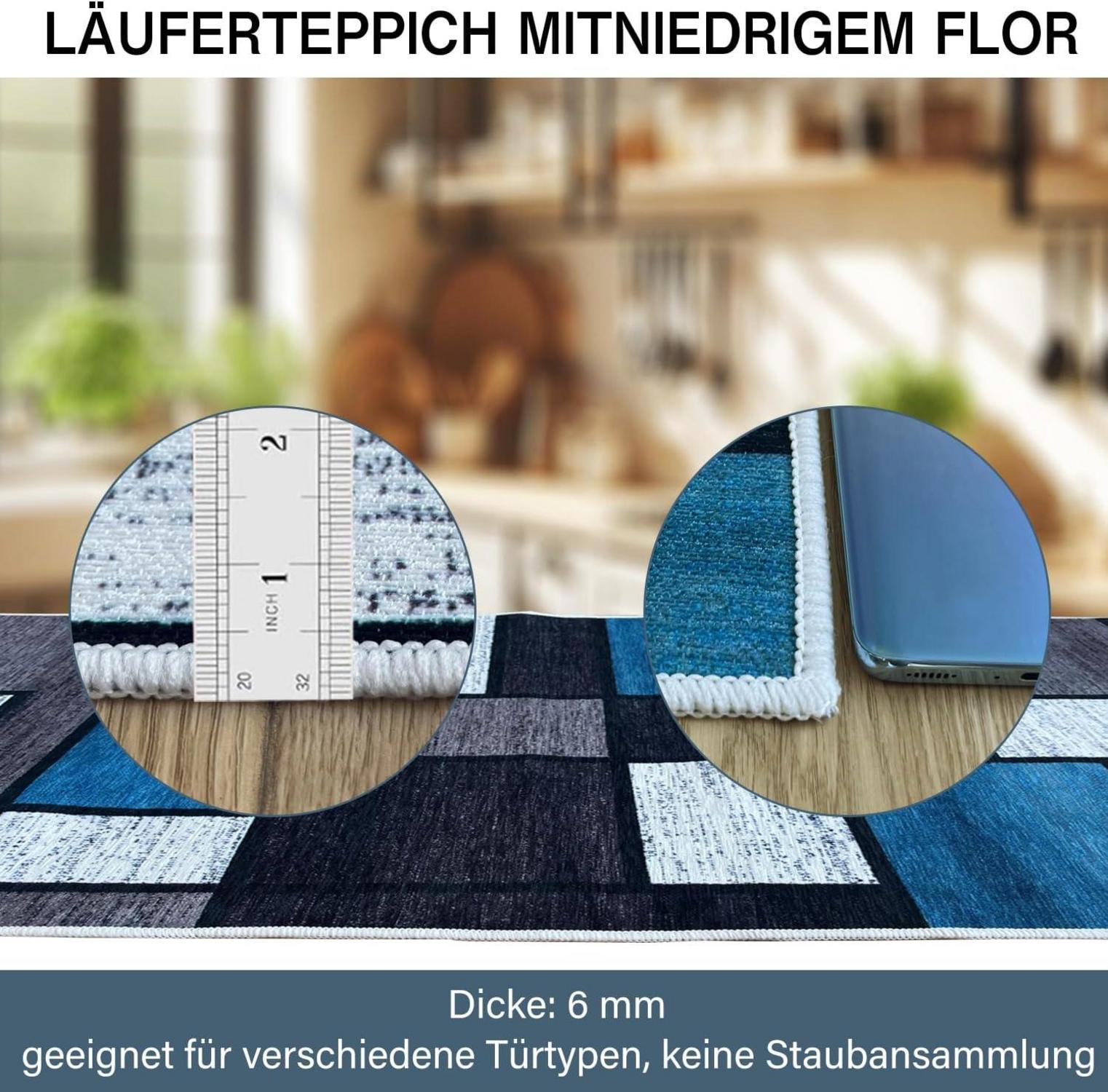 Teppichläufer Flur 80x120cm Rutschfest Waschbar Modern Küchenteppich Blau Kariert