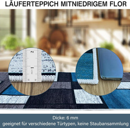 Teppichläufer Flur 80x120cm Rutschfest Waschbar Modern Küchenteppich Blau Kariert