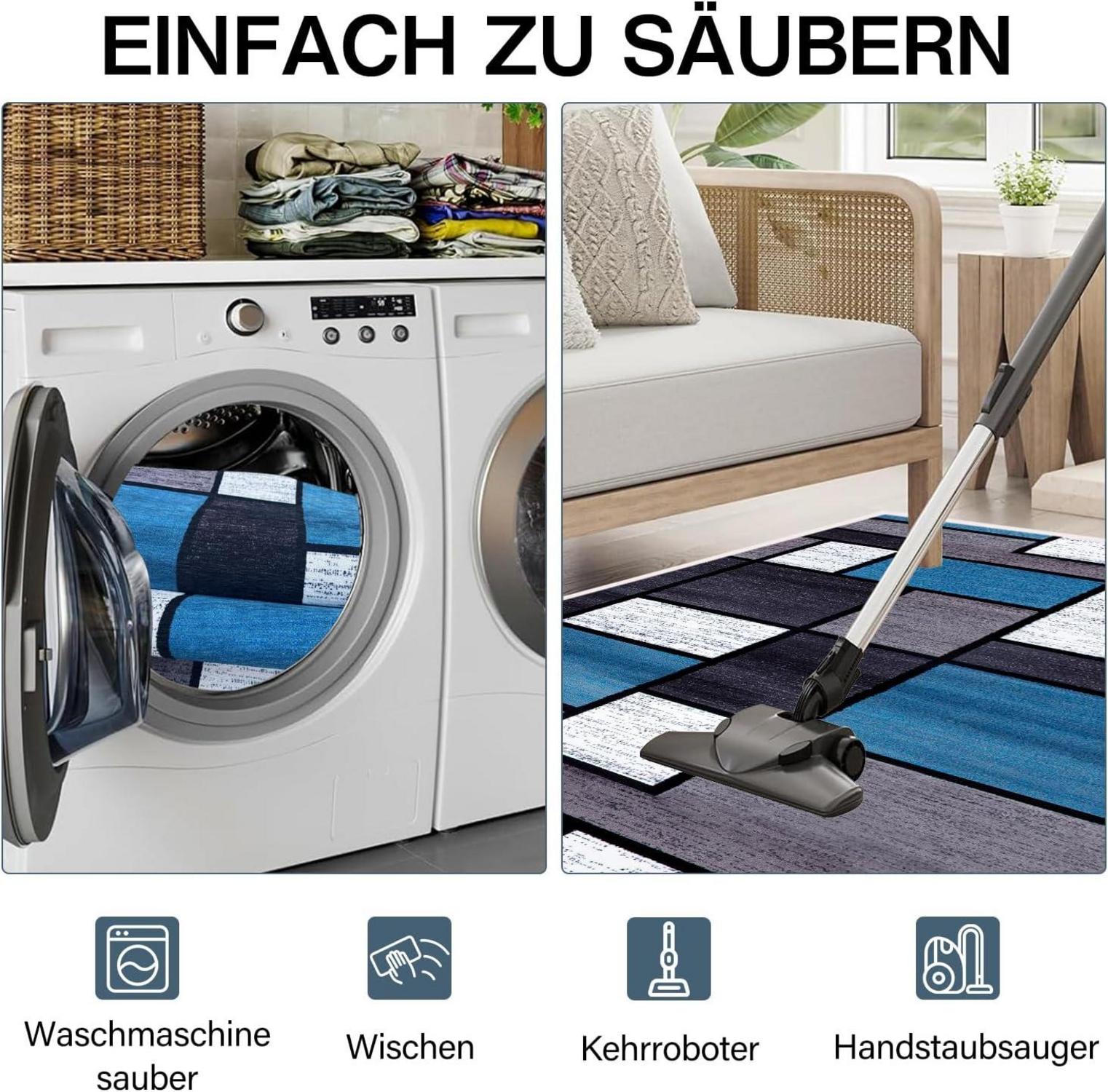 Teppich Läufer Flur 80x120cm Blau Modern Rutschfest Waschbar