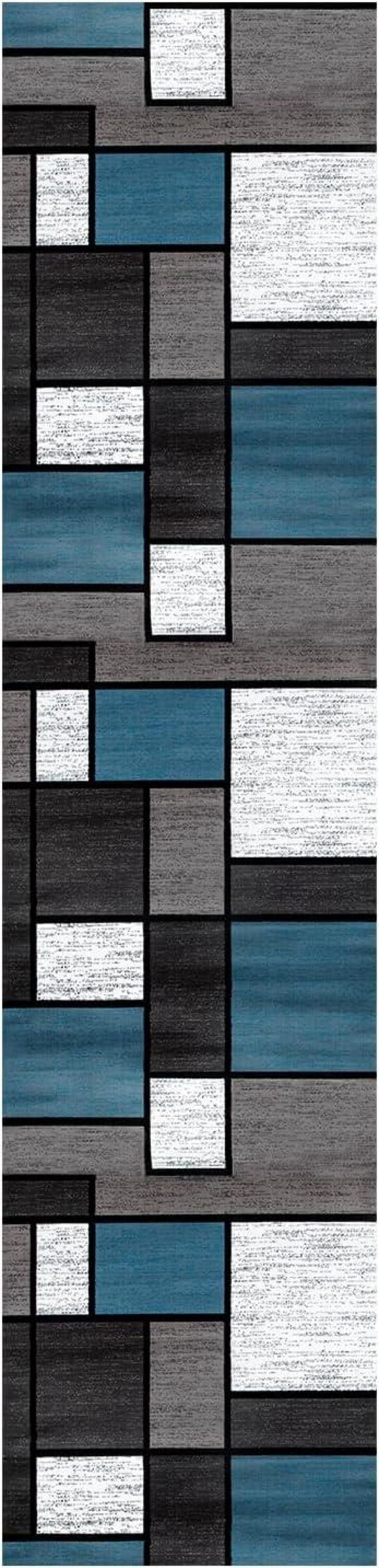 Modernes Blau Kariert Teppichläufer Flur 60x250cm rutschfest
